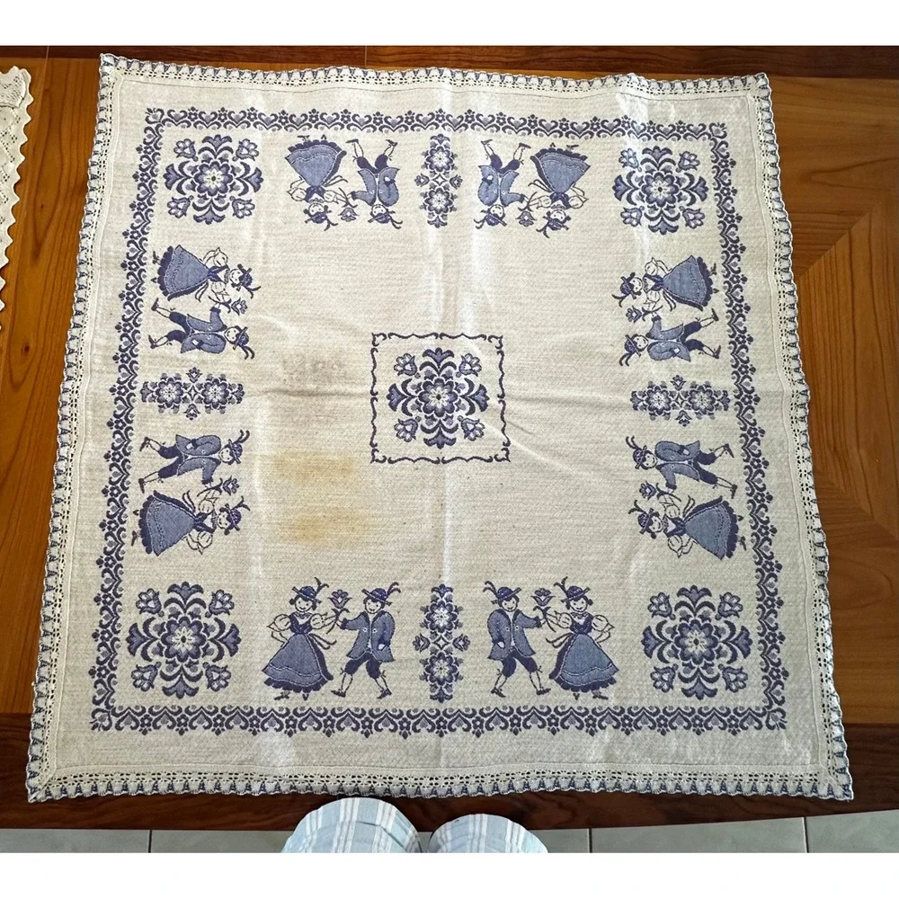 Vintage Blue White Folk Art Woven Tablecloth Lace Trim Bavarian Alpine Figures